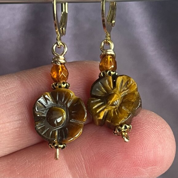 Tiger’s Eye Earrings, Golden Brown Gemstone, Carved Gemstone Flower - Picture 3 of 6